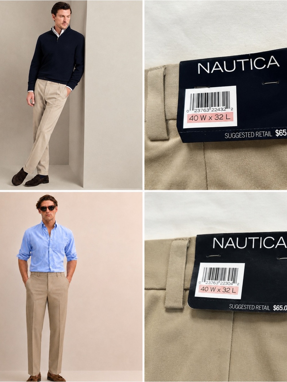 Lot of 2 NWT Nautica Mens 40x32 Khaki  Pants 100% Cotton $130